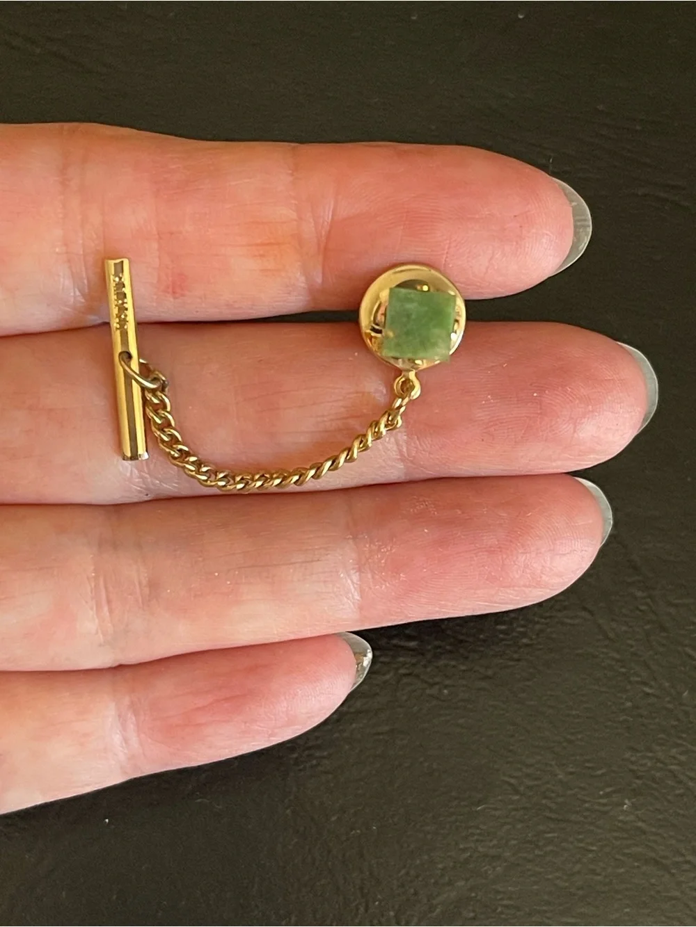 Vintage genuine green jade Stone square cuff links and tie tack.